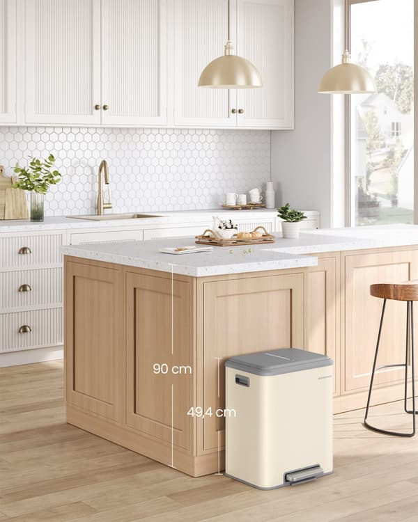 Kökssoptunna, SONGMICS sopseparationssystem 2 x 15 L, stål, mjukstängande lock, brett robust pedal, molnvitt, sandbeige.