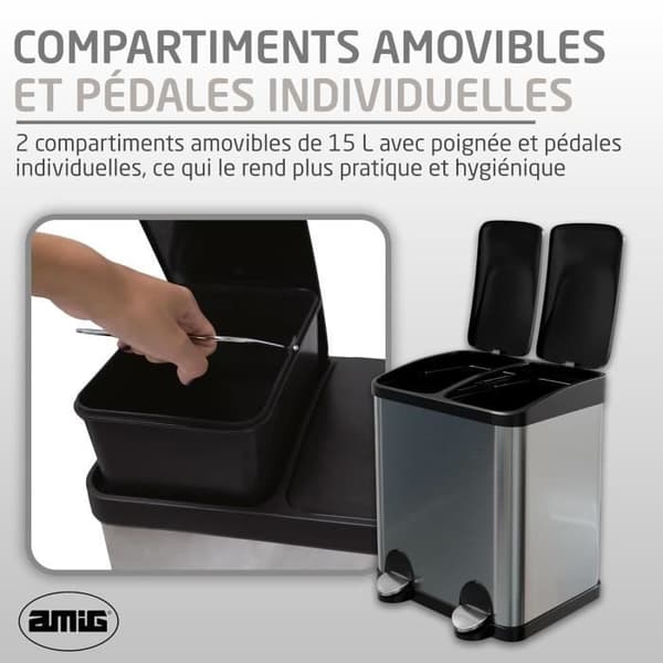 Amig - Dubbel återvinningsbehållare med pedaler Mod. RECIK2 Anti-spår för kök Rostfritt stål - 2 fack på 1