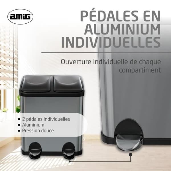 Amig - Dubbel återvinningsbehållare med pedaler Mod. RECIK2 Anti-spår för kök Rostfritt stål - 2 fack på 1
