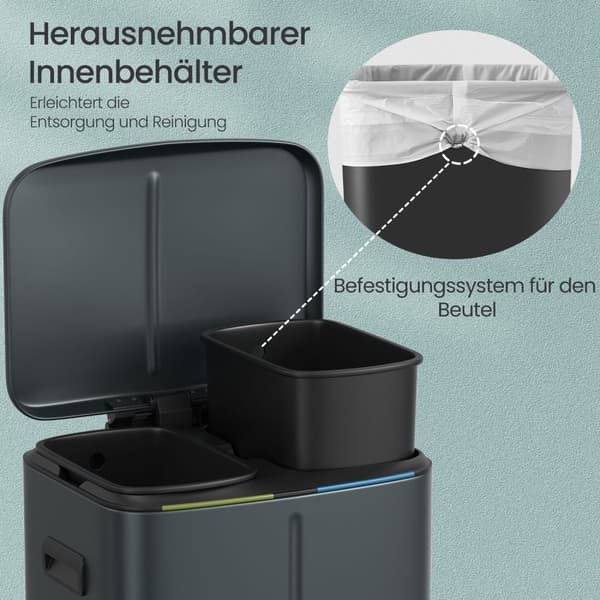Vuilnisbak 2 x 20 L, afvalscheidingssysteem 2 compartimenten, metalen afvalbak