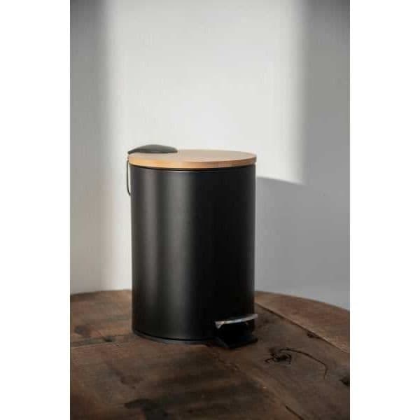 WENKO Tortona pedalbehållare med Easy-Close fallskydd, Mini badrumskärl 3L, Stål - bambu, svart - brun