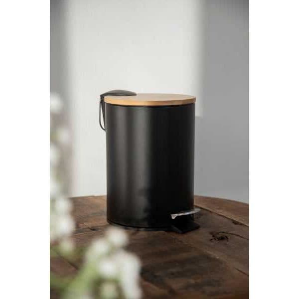 WENKO Tortona pedalbehållare med Easy-Close fallskydd, Mini badrumskärl 3L, Stål - bambu, svart - brun