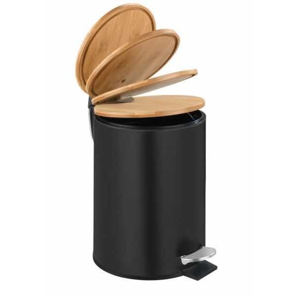 WENKO Tortona pedalbehållare med Easy-Close fallskydd, Mini badrumskärl 3L, Stål - bambu, svart - brun