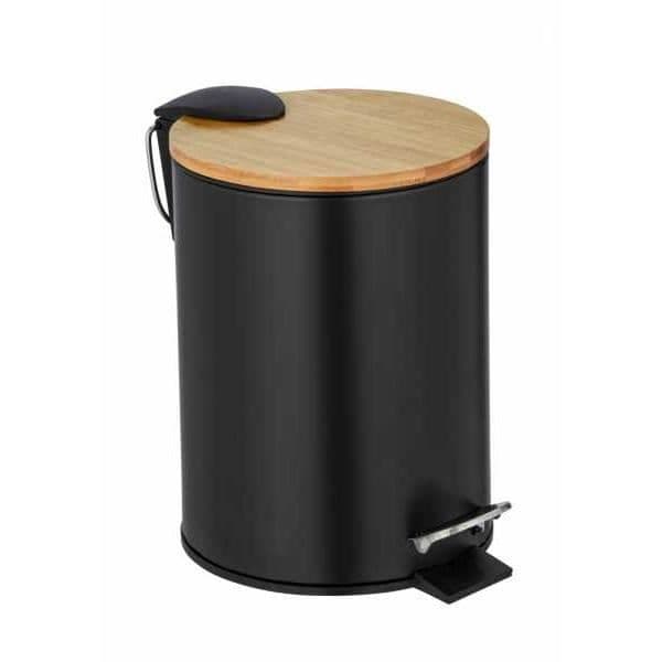 WENKO Tortona pedalbehållare med Easy-Close fallskydd, Mini badrumskärl 3L, Stål - bambu, svart - brun