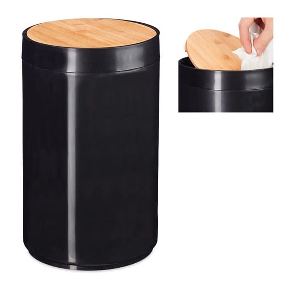 Relaxdays badkar 5l, svänglock i bambu, modern, plast, 5,5 L, H x D 26,5 x 18 cm, svart