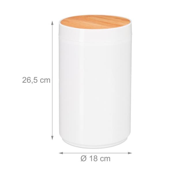 Relaxdays papperskorg badrum 5l, svängande lock i bambu, modern, plast, 5,5 L, H x D 26,5 x 18 cm, vit