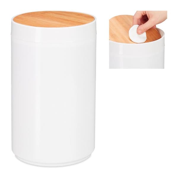 Relaxdays papperskorg badrum 5l, svängande lock i bambu, modern, plast, 5,5 L, H x D 26,5 x 18 cm, vit