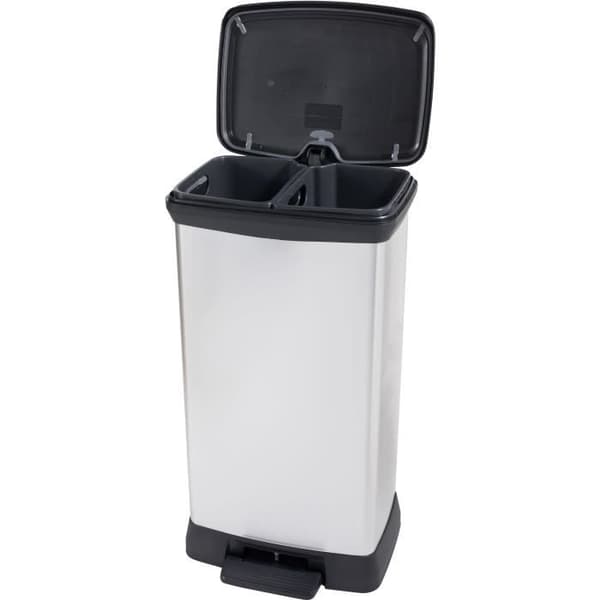 Duo Rektangulär Papperskorg - DECO BIN - CURVER - 46L (23+23L) - Dubbelfack - 39 x 29 x 72 cm - Metallicgrå