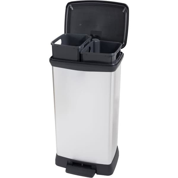 Duo Rektangulär Papperskorg - DECO BIN - CURVER - 46L (23+23L) - Dubbelfack - 39 x 29 x 72 cm - Metallicgrå