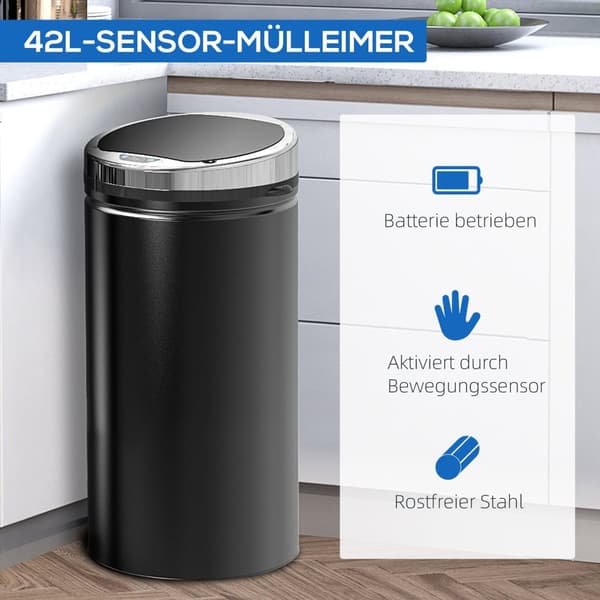 Rootz 42L Sensor Trash Can - Automatisk avfallsbink - Kökshink - Infraröd öppning - Rostfri - Ø30,5 x 68 cm