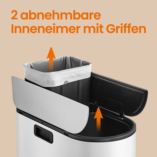 Avfallsseparation - 2 fack - Molnigt vitt - Metalliskt silver