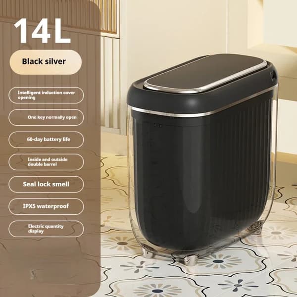 Smart papperskorg, intelligent induktionsöppning, 60 dagars livslängd, IPX5 vattentålig,Batteri, Svart-14L