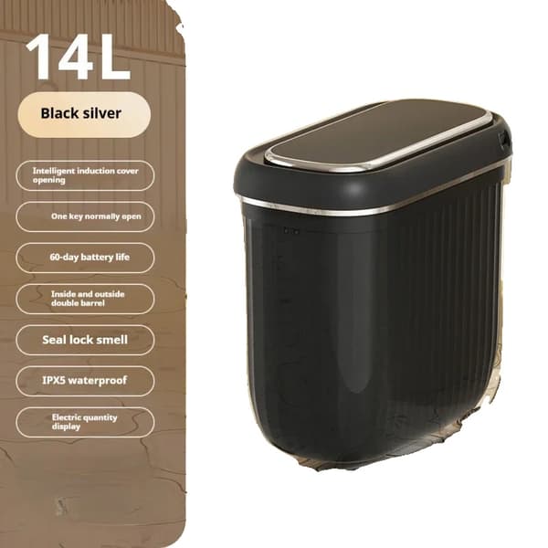 Smart papperskorg, intelligent induktionsöppning, 60 dagars livslängd, IPX5 vattentålig,Batteri, Svart-14L