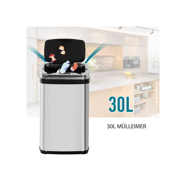 HOMCOM Automatisk soptunna 30L med infraröd sensor, fyrkantig, i rostfritt stål