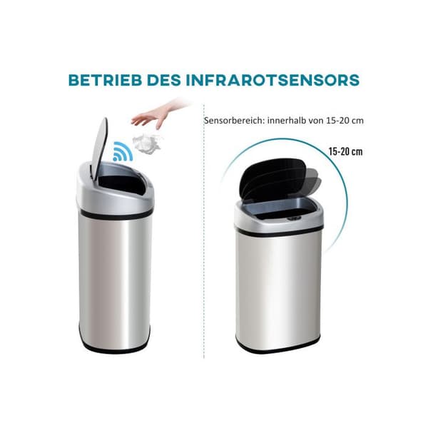 HOMCOM Automatisk soptunna 30L med infraröd sensor, fyrkantig, i rostfritt stål