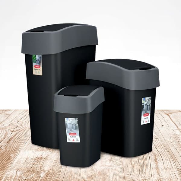 CURVER Soptunna 10L med svänglock - Flip Bin - För kök, kontor, badrum - 18,9 x 23,5 x 35 cm - Svart / Grå