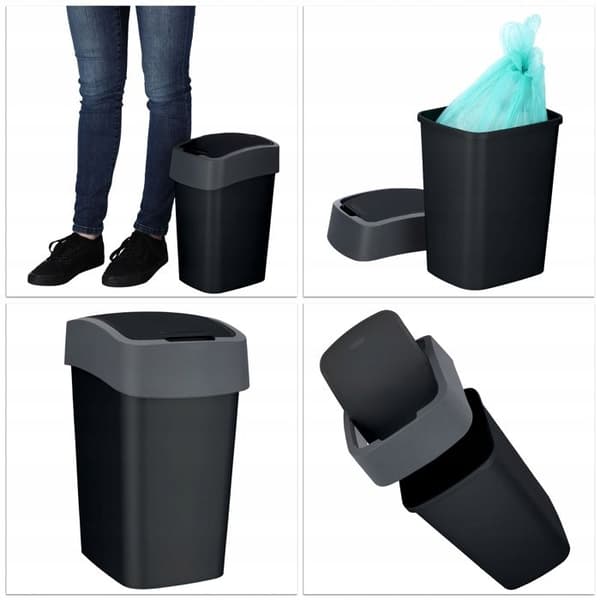 CURVER Soptunna 10L med svänglock - Flip Bin - För kök, kontor, badrum - 18,9 x 23,5 x 35 cm - Svart / Grå