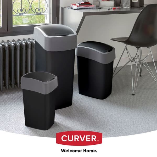CURVER Soptunna 10L med svänglock - Flip Bin - För kök, kontor, badrum - 18,9 x 23,5 x 35 cm - Svart / Grå