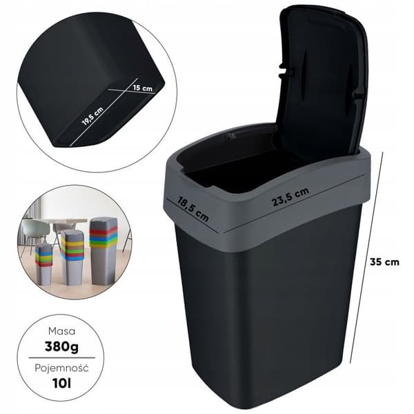 CURVER Soptunna 10L med svänglock - Flip Bin - För kök, kontor, badrum - 18,9 x 23,5 x 35 cm - Svart / Grå