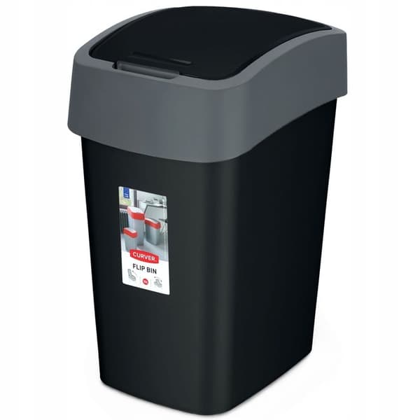 CURVER Soptunna 10L med svänglock - Flip Bin - För kök, kontor, badrum - 18,9 x 23,5 x 35 cm - Svart / Grå