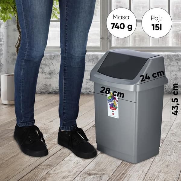 Poubelle Basculante Curver 15L, Grafit, Robust och Elegant Design