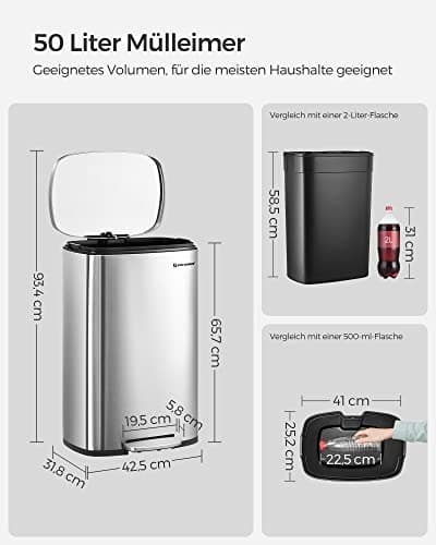 Køkken-pedalspand, 50 l affaldsspand, med indvendig plastikspand, hængslet låg, blød lukning