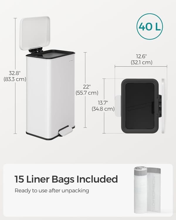 40 liters pedalhink i stål med lock och 15 påsar, vit