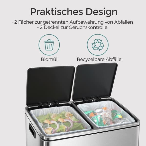 Rootz 2 fack Trash Can - Backet med dubbla fack - skräp - sortera avfall enkelt - 58,6 cm x 32 cm x 65 cm
