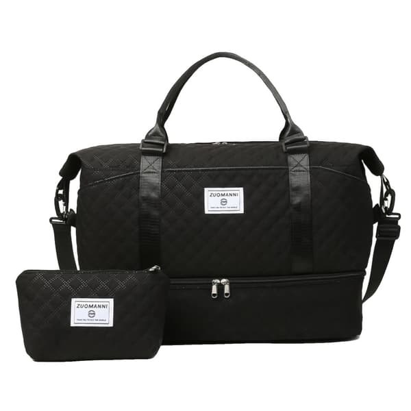 Duffle Bag Set, Skofack, Inkluderar Kosmetikkåpa, Rutig Mönster,Svart