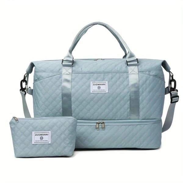 Duffle Bag Set, Skofack, Inkluderar Kosmetikkåpa, Rutig Mönster,Blå