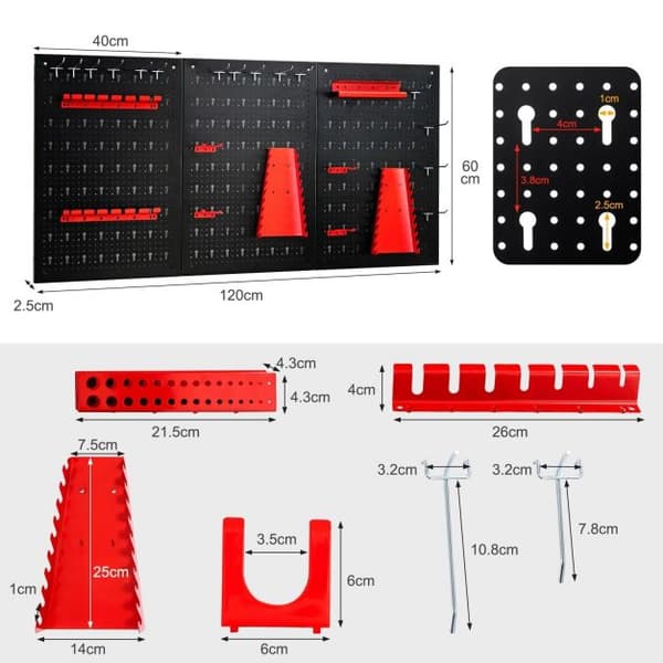 Pegboard verktygsförvaringskit, 120x60x2,5 cm, Svart, Röd