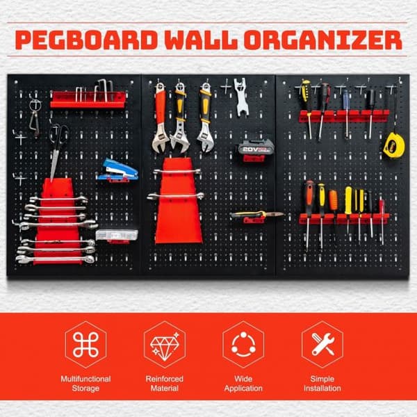 Pegboard verktygsförvaringskit, 120x60x2,5 cm, Svart, Röd