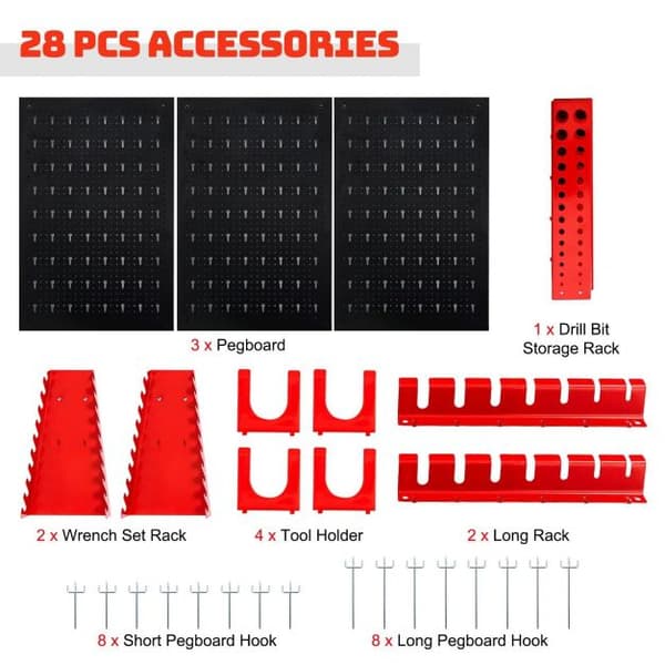 Pegboard verktygsförvaringskit, 120x60x2,5 cm, Svart, Röd