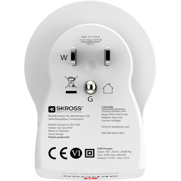 Rejseadapter Europa til USA etc. 2xUSB-A 12W Jordet