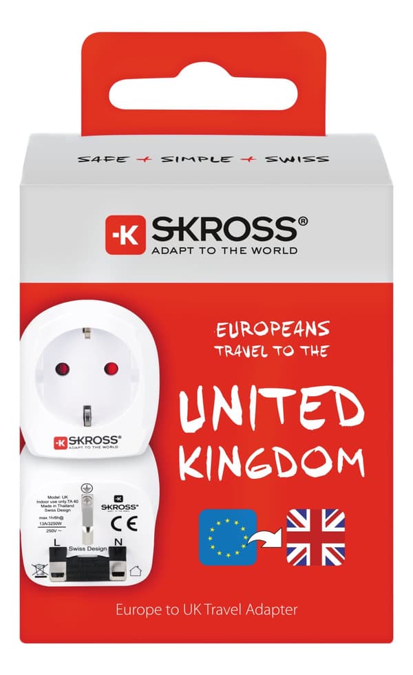 Europe to UK earthed travel adapter, 15A, 110-125V, white