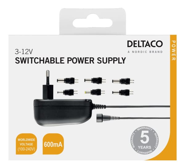 AC adapter 230V to 3-12 V DC, 600 mA, 6 interch. connectors