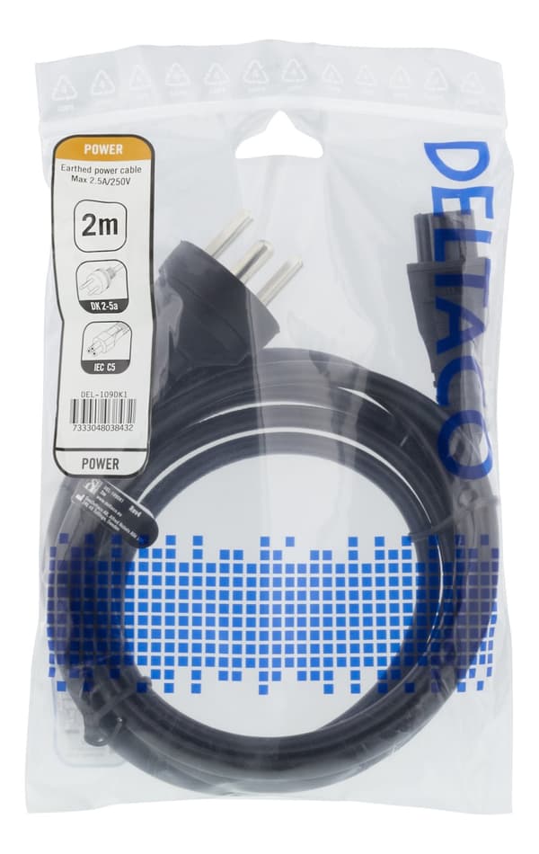 Power cable, 2m, DK 2-5a to IEC C5, 2.4A, earthed, black