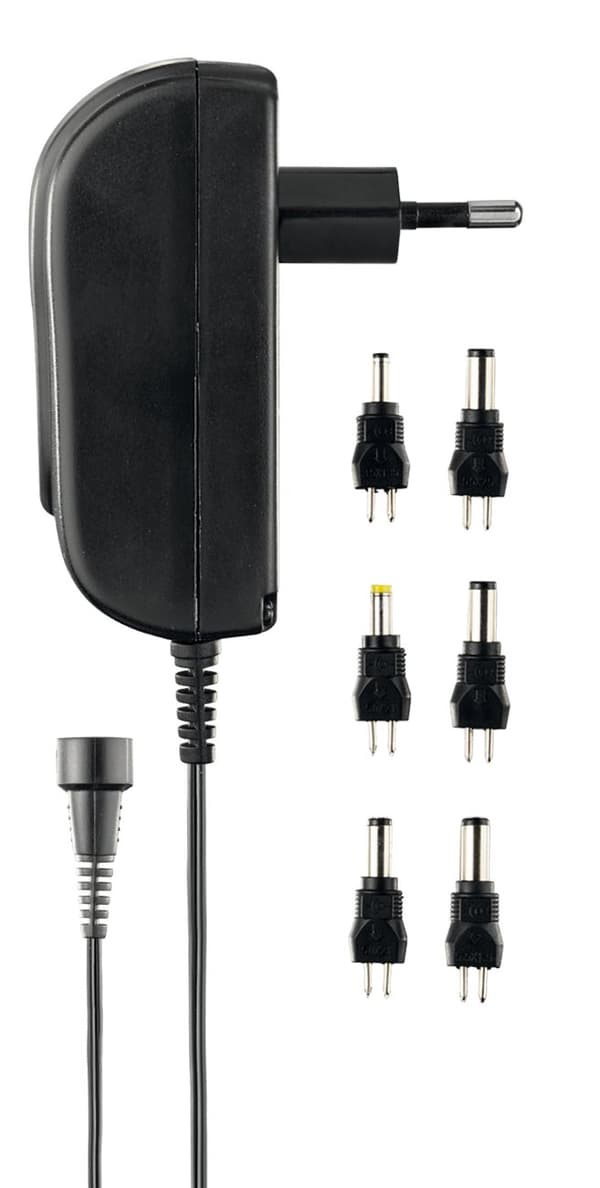 Power supply, 240 V to 3-12 V, 1.5 A, different tips, black