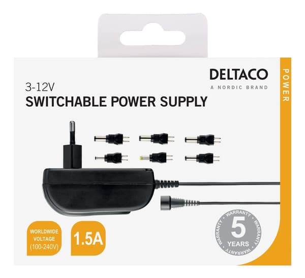 Power supply, 240 V to 3-12 V, 1.5 A, different tips, black