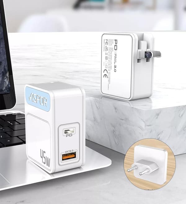 45W Laddare med Reseadapter US/EU - USB-C - PD - Snabbladdare