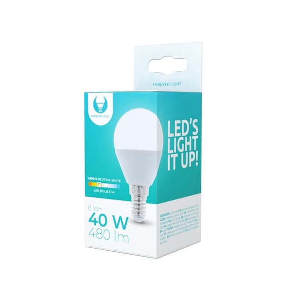 LED-lampe E14, G45, 6W, 4500K, hvid neutral