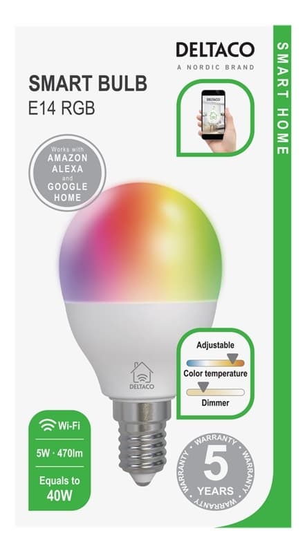 DELTACO SMART HOME LED-lampa, E14, WiFI 2,4GHz, 5W, 470lm, dimbar, 2700K-6500K,