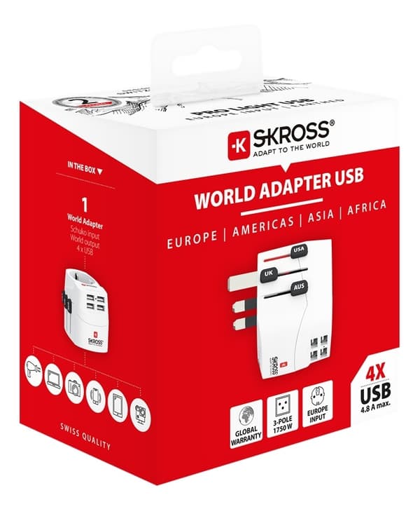 SKROSS PRO Light USB (4xA), 3-polet reiseadapter med 4 USB-A-porter