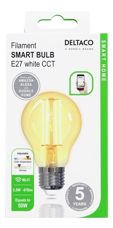 DELTACO SMART HOME LED glødepære, E27, Wi-Fi 2,4 GHz, 5,5 W, 470 lm