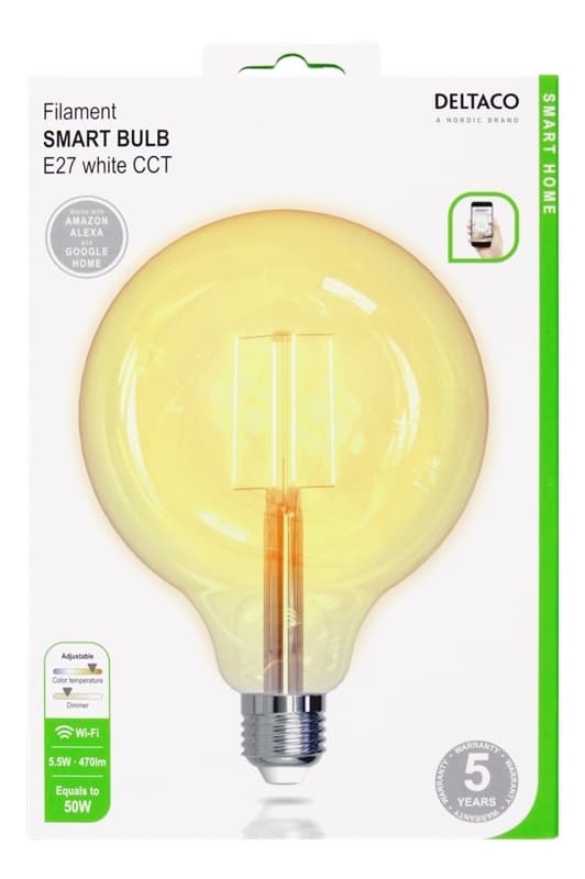 DELTACO SMART HOME LED glødepære, E27, Wi-Fi 2,4 GHz, 5,5 W, 470 lm