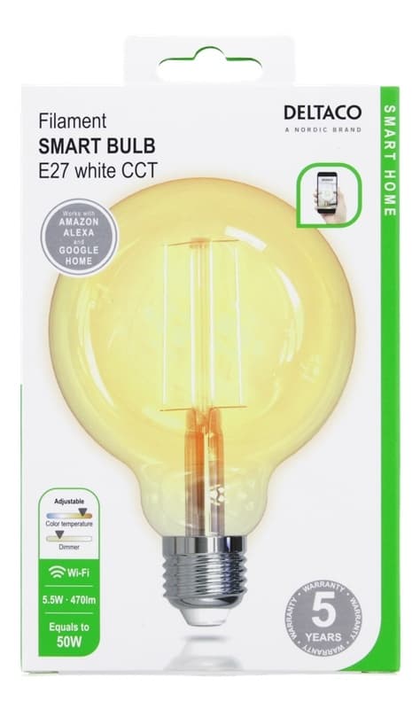 DELTACO SMART HOME LED-älylamppu, hehkulankajäljitelmä, E27, valkoinen