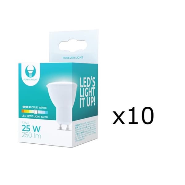LED-lampe GU10, 3W, 230V, 6000K, 10-pakning, Kjølig hvit
