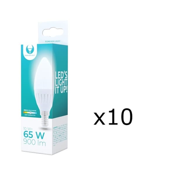LED-lampe E14, C37, 10W, 230V, 6000K, Keramikk, 10-pakning, Kjølig hvit