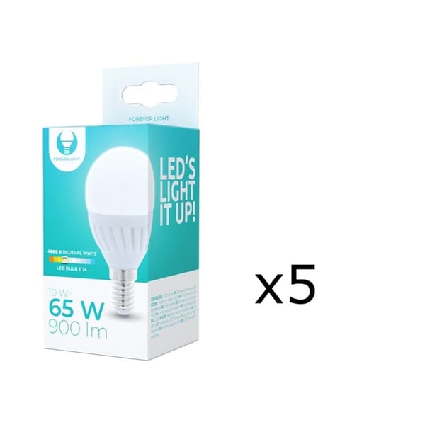 LED-lampe E14, G45, 10W, 230V, 4500K, keramik, 5-pak, hvid neutral