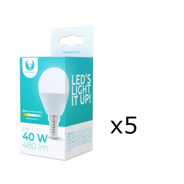 LED-pære E14, G45, 6W, 4500K 5-pak, hvid neutral